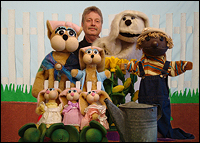 Mark Nichols and Peter Rabbit puppets Picture of Mark Nichols and Peter Rabbit puppets